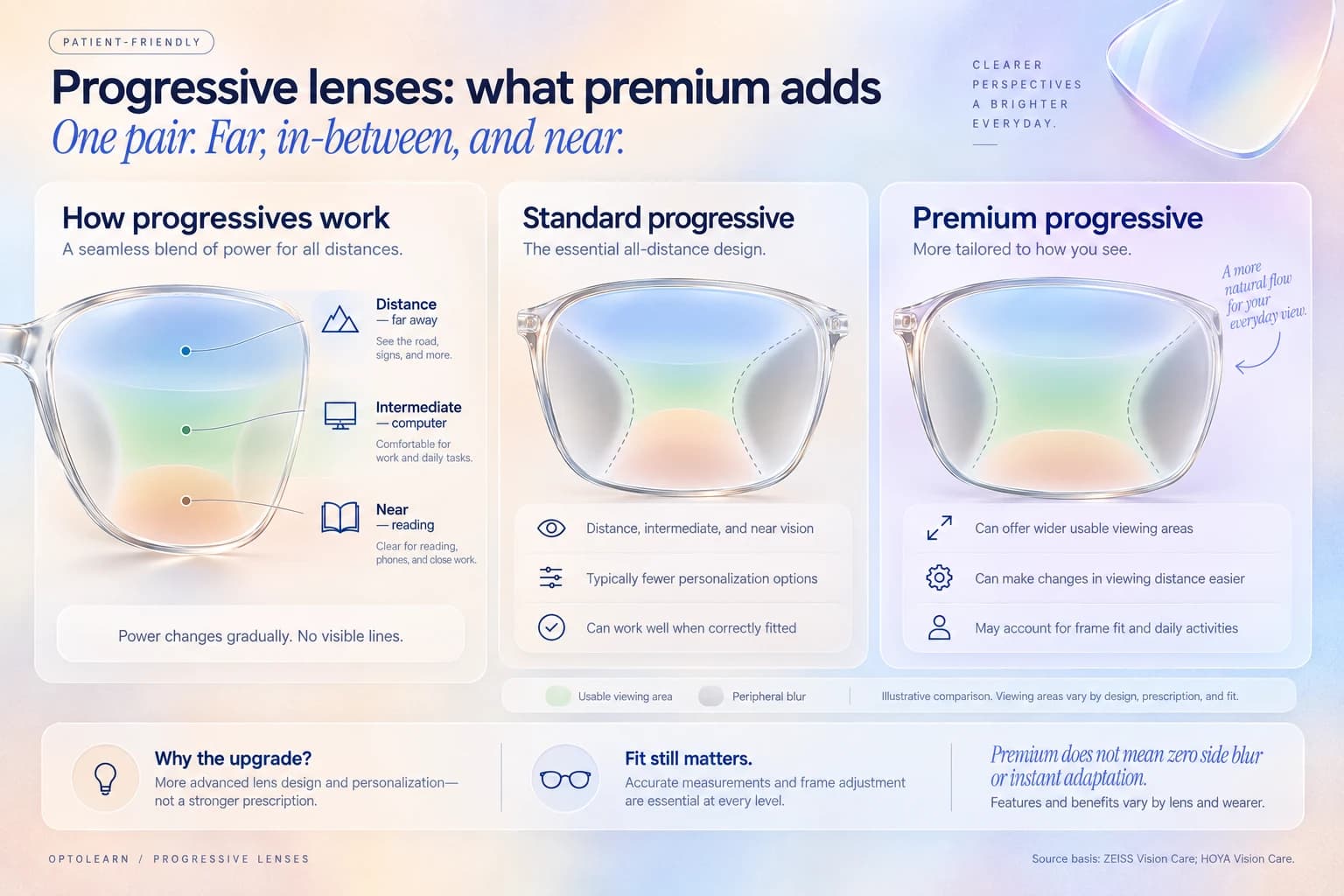 A progressive lens with its distance, intermediate, and near zones labeled, next to a standard design and a premium design compared on usable viewing area and peripheral blur.